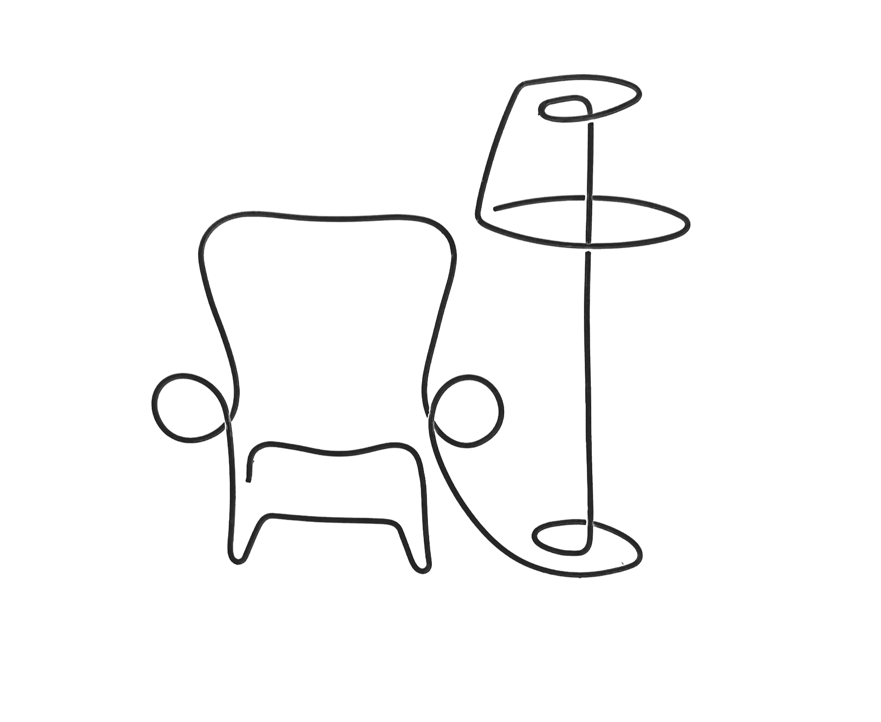 One continuous line drawing of an armchair and floor lamp